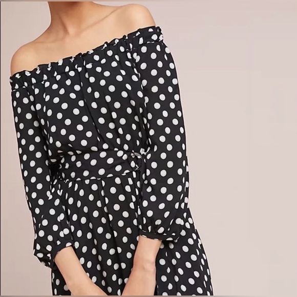 Anthropologie Maeve Black and White Dotted of the Shoulder Dress, Size 4 - Picture 3 of 14